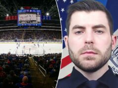 Os ilhéus homenageiam o oficial da polícia de Nova York Jonathan Diller, dias após o veredicto do julgamento de assassinato chocante Retrato do oficial assassinado da NYPD Jonathan Diller.