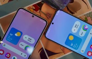 Os mid-rangers 2026 da Samsung chegaram aos EUA Vista traseira do Samsung Galaxy A57 e do Galaxy A37, mostrando suas configurações de câmera tripla em um fundo geométrico verde.