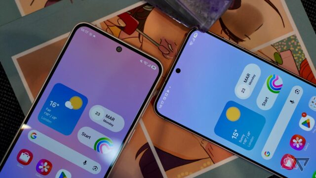 Os mid-rangers 2026 da Samsung chegaram aos EUA Vista traseira do Samsung Galaxy A57 e do Galaxy A37, mostrando suas configurações de câmera tripla em um fundo geométrico verde.