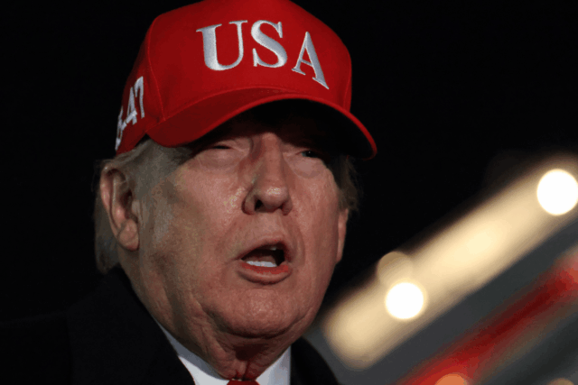 President Donald Trump speaks the the media after disembarking from Air Force One on April 12, 2026 at Joint Base Andrews, Maryland.