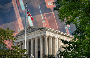 Os processos sem precedentes da CFTC configuram um confronto na Suprema Corte sobre os mercados de previsão Edifício da Suprema Corte dos EUA com sobreposição de gráficos do mercado de ações, simbolizando ações judiciais da CFTC sobre mercados de previsão e conflitos de leis de jogos de azar