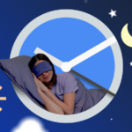 Mulher sorridente usando um smartphone em frente a um ícone do Google Agenda, cercado por uma paleta de cores, um sino de notificação desativado e um rótulo