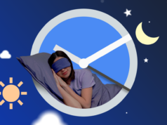 Os recursos do Relógio do Google que ignorei acabaram corrigindo meu horário de sono Mulher sorridente usando um smartphone em frente a um ícone do Google Agenda, cercado por uma paleta de cores, um sino de notificação desativado e um rótulo