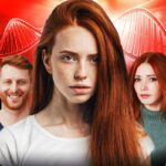 Colagem de seis ruivas de diferentes idades e sexos contra um fundo vermelho com um padrão de hélice de DNA.