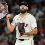 O arremessador do Boston Red Sox, Lucas Giolito, reage após eliminar o Athletics Lawrence Butler.