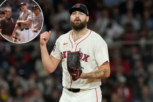 O arremessador do Boston Red Sox, Lucas Giolito, reage após eliminar o Athletics Lawrence Butler.