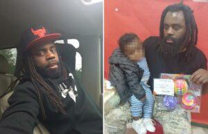 Pai baleado e morto enquanto protegia heroicamente um bebê de oito meses: ‘Coragem incrível’ Um homem segurando uma criança e um pacote com três brinquedos redondos e coloridos.