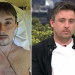 Steven Hamill, um homem de 26 anos, vestindo uma camisa preta sobre uma camiseta branca, está sentado em um sofá azul, olhando diretamente para a câmera.