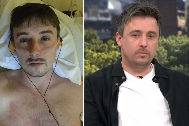 Steven Hamill, um homem de 26 anos, vestindo uma camisa preta sobre uma camiseta branca, está sentado em um sofá azul, olhando diretamente para a câmera.