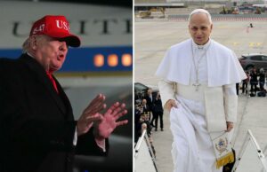 Papa Leão diz que não quer entrar em debate com Trump após golpe do presidente na guerra com o Irã O Papa Leão XIV desembarca de um avião em um aeroporto, vestindo vestes brancas e um crucifixo prateado.