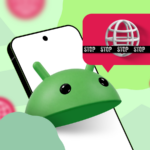 Ilustração mostrando os ícones de aplicativos padrão do Android com um X vermelho sendo substituídos por aplicativos alternativos com marcas de seleção verdes.