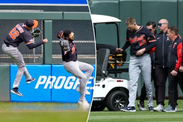 Parker Meadows, do Tigers, foi diagnosticado com concussão e osso O defensor central do Tigers, Parker Meadows, é ajudado a sair do campo após uma colisão com o defensor esquerdo Riley Greene durante a oitava entrada do jogo de beisebol contra o Minnesota Twins, quinta-feira, 9 de abril de 2026, em Minneapolis.