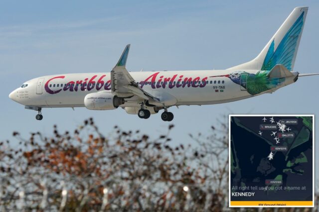 Um Boeing 737 da Caribbean Airlines pousa no Aeroporto Internacional John F. Kennedy em 13 de fevereiro de 2020.