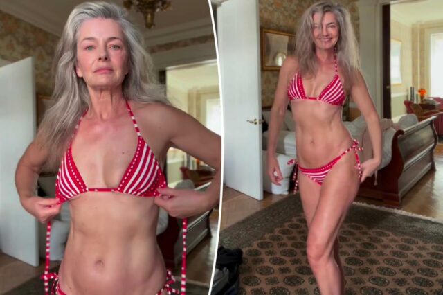 Paulina Porizkova comemora 61º aniversário com biquíni listrado minúsculo
