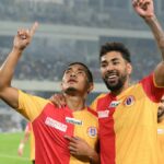 MIGUEL FERREIRA DAMASCENO do East Bengal FC comemora um gol durante a partida 5 da INDIAN SUPER LEAGUE disputada entre EBFC e NEUFC no Vivekananda Yuva Bharati Krirangan em Salt Lake em Kolkata em 16 de fevereiro de 2026. Foto: Dipayan Bose /Focus Sports/ ISL