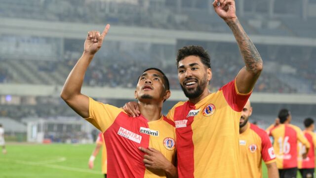 MIGUEL FERREIRA DAMASCENO do East Bengal FC comemora um gol durante a partida 5 da INDIAN SUPER LEAGUE disputada entre EBFC e NEUFC no Vivekananda Yuva Bharati Krirangan em Salt Lake em Kolkata em 16 de fevereiro de 2026. Foto: Dipayan Bose /Focus Sports/ ISL