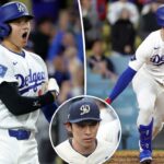 Shohei Ohtani, do Los Angeles Dodgers, comemora uma série de vitórias.