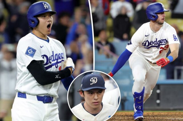 Shohei Ohtani, do Los Angeles Dodgers, comemora uma série de vitórias.