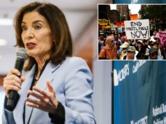 Polêmicos pró-verdes de Nova York admitem que suas políticas aumentariam os custos de energia A governadora de Nova York, Kathy Hochul, fala sobre os custos com cuidados infantis, segurando um microfone.