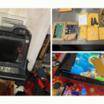 A polícia de Oakland vasculha evidências que mostram máquinas de jogo ilegais, armas de fogo apreendidas, dinheiro, narcóticos e equipamentos de jogo da operação em East Oakland