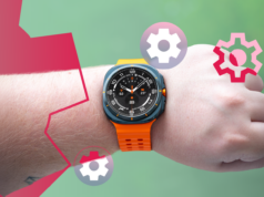 Por que meu Samsung Galaxy Watch finalmente parece útil depois de alterar uma única configuração Close de um ponteiro pressionando o botão lateral em um Samsung Galaxy Watch exibindo um mostrador de relógio digital simples.