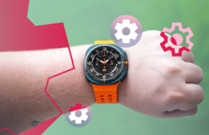 Por que meu Samsung Galaxy Watch finalmente parece útil depois de alterar uma única configuração Close de um ponteiro pressionando o botão lateral em um Samsung Galaxy Watch exibindo um mostrador de relógio digital simples.
