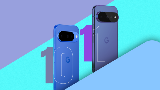 Google Pixel 10 azul sobreposto a um ícone de calendário exibindo o ano de 2030.