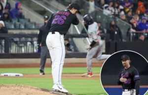Por que o momento de ‘bom cidadão’ de Nolan McLean no Mets não foi o que parecia Um jogador de beisebol com uniforme preto do Mets com o número 26 e um emblema Presbiteriano de Nova York na manga está parado com a mão sobre o coração.