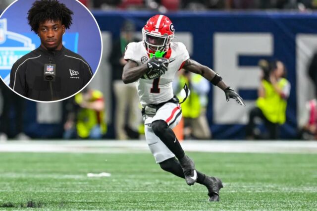 O wide receiver da Geórgia, Zachariah Branch (1), corre com a bola após uma recepção durante o jogo de futebol americano universitário do SEC Championship entre o Alabama Crimson Tide e o Georgia Bulldogs em 6 de dezembro de 2025 no Mercedes-Benz Stadium em Atlanta, GA.  