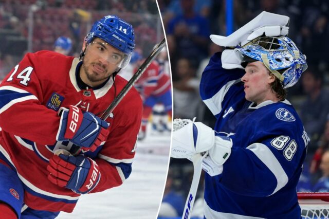 11 de abril de 2026; Montreal, Quebeque, CAN; O atacante do Montreal Canadiens, Nick Suzuki (14), patina durante o aquecimento antes do jogo contra o Columbus Blue Jackets no Bell Centre. Crédito obrigatório: Eric Bolte-Imagn Images