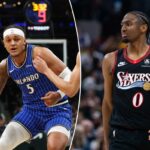 O atacante do Orlando Magic, Paolo Banchero, marca durante o segundo tempo de um jogo de basquete da NBA contra o Boston Celtics, domingo, 12 de abril de 2026, em Boston.