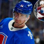 7 de abril de 2026; Louis, Missouri, EUA; O pivô do Colorado Avalanche, Martin Necas (88), comemora com o pivô Nathan MacKinnon (29) depois de marcar contra o St. Louis Blues durante o primeiro período no Enterprise Center. Crédito obrigatório: Jeff Curry-Imagn Images