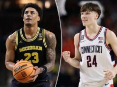 Probabilidades do Campeonato Nacional March Madness 2026, escolha: Nossa melhor aposta para Michigan vs. Uma colagem de imagens contendo 1 imagem, a imagem 1 mostra Braylon Mullins dos UConn Huskies reagindo durante um jogo de basquete