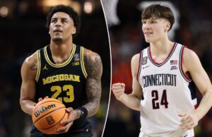 Probabilidades do Campeonato Nacional March Madness 2026, escolha: Nossa melhor aposta para Michigan vs. Uma colagem de imagens contendo 1 imagem, a imagem 1 mostra Braylon Mullins dos UConn Huskies reagindo durante um jogo de basquete