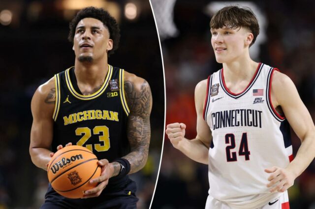 Probabilidades do Campeonato Nacional March Madness 2026, escolha: Nossa melhor Uma colagem de imagens contendo 1 imagem, a imagem 1 mostra Braylon Mullins dos UConn Huskies reagindo durante um jogo de basquete