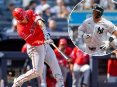 Quando se trata de Mike Trout x Aaron Judge, nem eles conseguem escolher O defensor direito do New York Yankees, Aaron Judge, contorna as bases depois de fazer um home run solo.