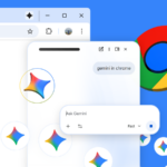 Uma mulher sentada em um sofá usando o telefone, cercada pelos logotipos do Gmail, Drive, Docs, YouTube e Gemini.