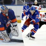 Dawson Mercer nº 91 do New Jersey Devils verifica o ala esquerdo Adam Sykora nº 38 do New York Rangers durante o primeiro período no Madison Square Garden, terça-feira, 31 de março de 2026, em Nova York, NY.