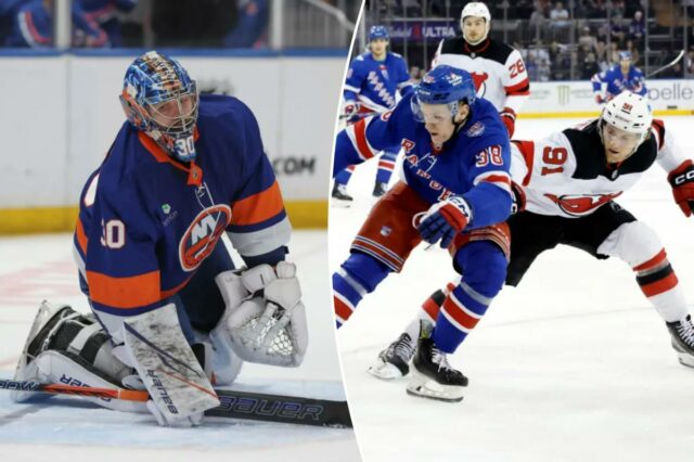 Dawson Mercer nº 91 do New Jersey Devils verifica o ala esquerdo Adam Sykora nº 38 do New York Rangers durante o primeiro período no Madison Square Garden, terça-feira, 31 de março de 2026, em Nova York, NY.