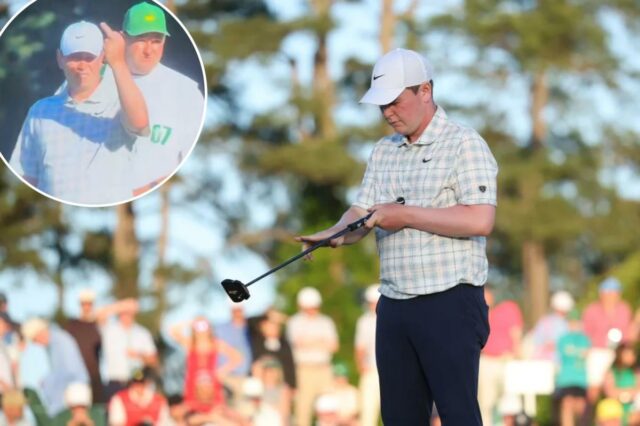 Robert MacIntyre, da Escócia, alinha uma tacada no 18º green durante a primeira rodada do Torneio Masters de 2026 no Augusta National Golf Club em 9 de abril de 2026 em Augusta, Geórgia. 
