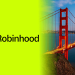 Logotipo da Robinhood ao lado da Golden Gate Bridge em São Francisco, representando o processo federal da Robinhood sobre contratos de previsão esportiva e mercados de apostas