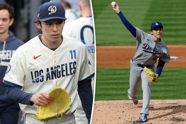 O arremessador do Los Angeles Dodgers, Roki Sasaki (11), entra no banco de reservas.