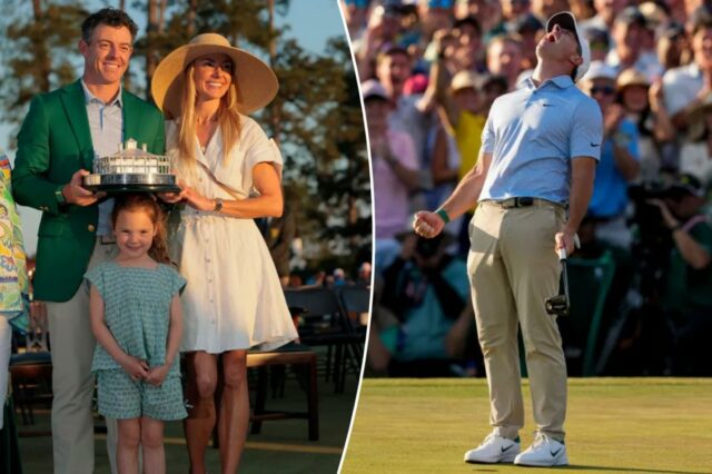 Rory McIlroy com sua esposa Erica Stoll e sua filha Poppy comemorando com sua jaqueta verde após vencer o Masters em 12 de abril de 2026.