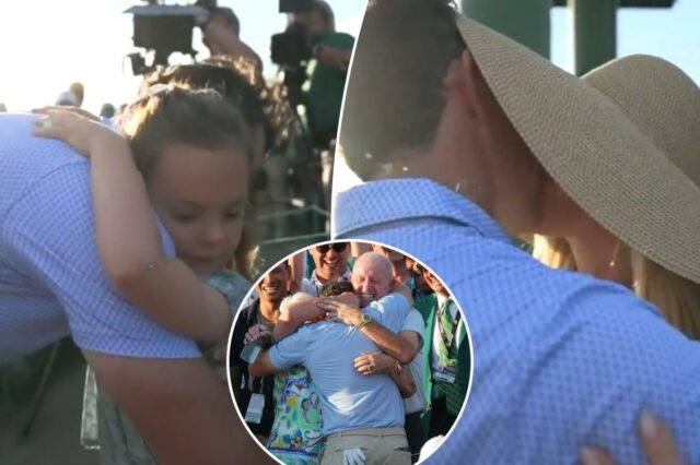 Rory McIlroy se beija com a esposa Erica Stoll, raro momento pós-grande com os pais após a repetição do Masters
