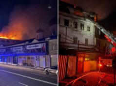 Rússia desencadeia onda implacável de ataques de drones na Ucrânia, diz Kiev Um prédio em chamas com veículos de emergência na rua à noite em Kharkiv, Ucrânia.