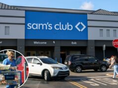 Sam’s Club está aumentando sua taxa básica de adesão em 20% no próximo mês Uma placa do Sam's Club na frente de uma loja com pessoas e carros no estacionamento.