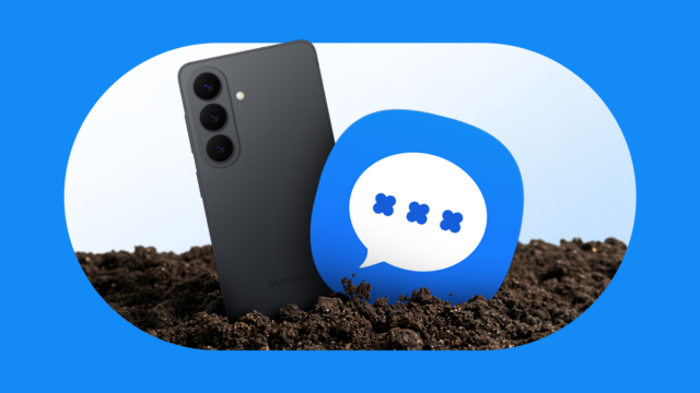 Mãos esticando o ícone do Mensagens do Google entre os rótulos 