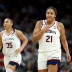 Sarah Strong and Azzi Fudd on court for UConn against South Carolina in Final Four