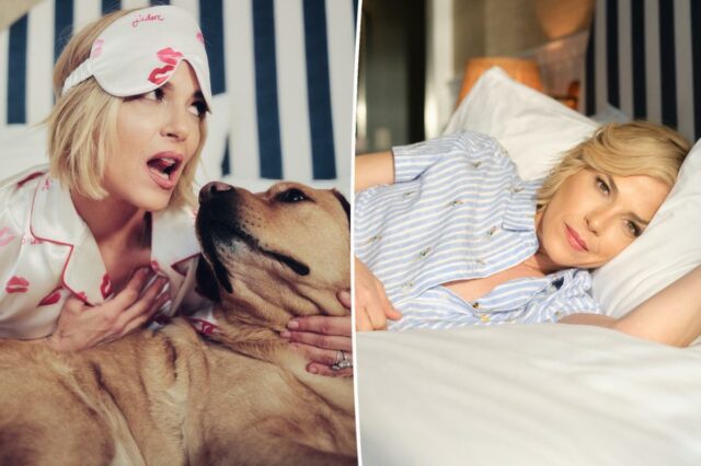 Uma colagem de imagens contendo 1 imagens, a imagem 1 mostra Selma Blair deitada em uma cama