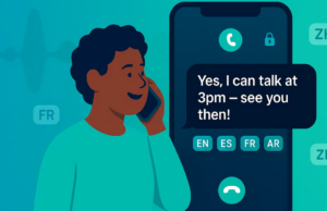 Serviço de transcrição de chamadas Rogervoice obtém certificação FCC para acesso gratuito nos EUA Mulher no metrô olhando para o telefone, com uma sobreposição de balão de legenda ao vivo.